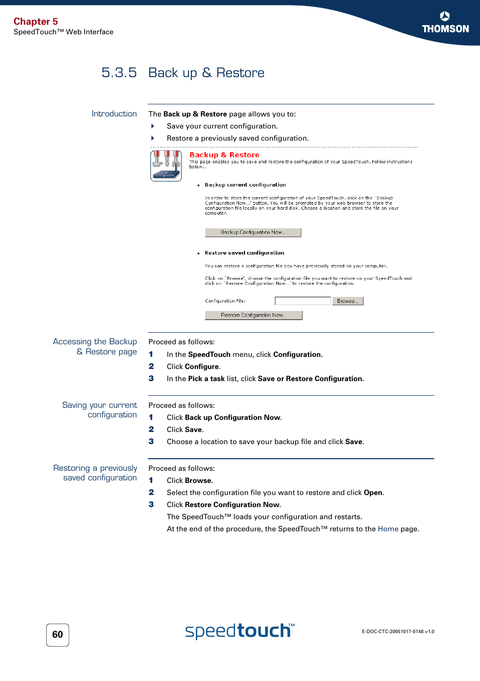 5 back up & restore, Introduction, Saving your current configuration | Restoring a previously saved configuration, Back up & restore, Chapter 5 | RCA SpeedTouchTM706 User Manual | Page 68 / 132
