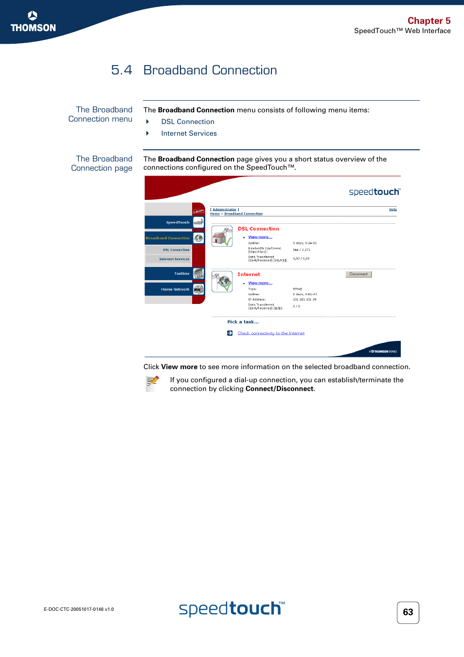 4 broadband connection, The broadband connection menu, Broadband connection | Chapter 5 | RCA SpeedTouchTM706 User Manual | Page 71 / 132