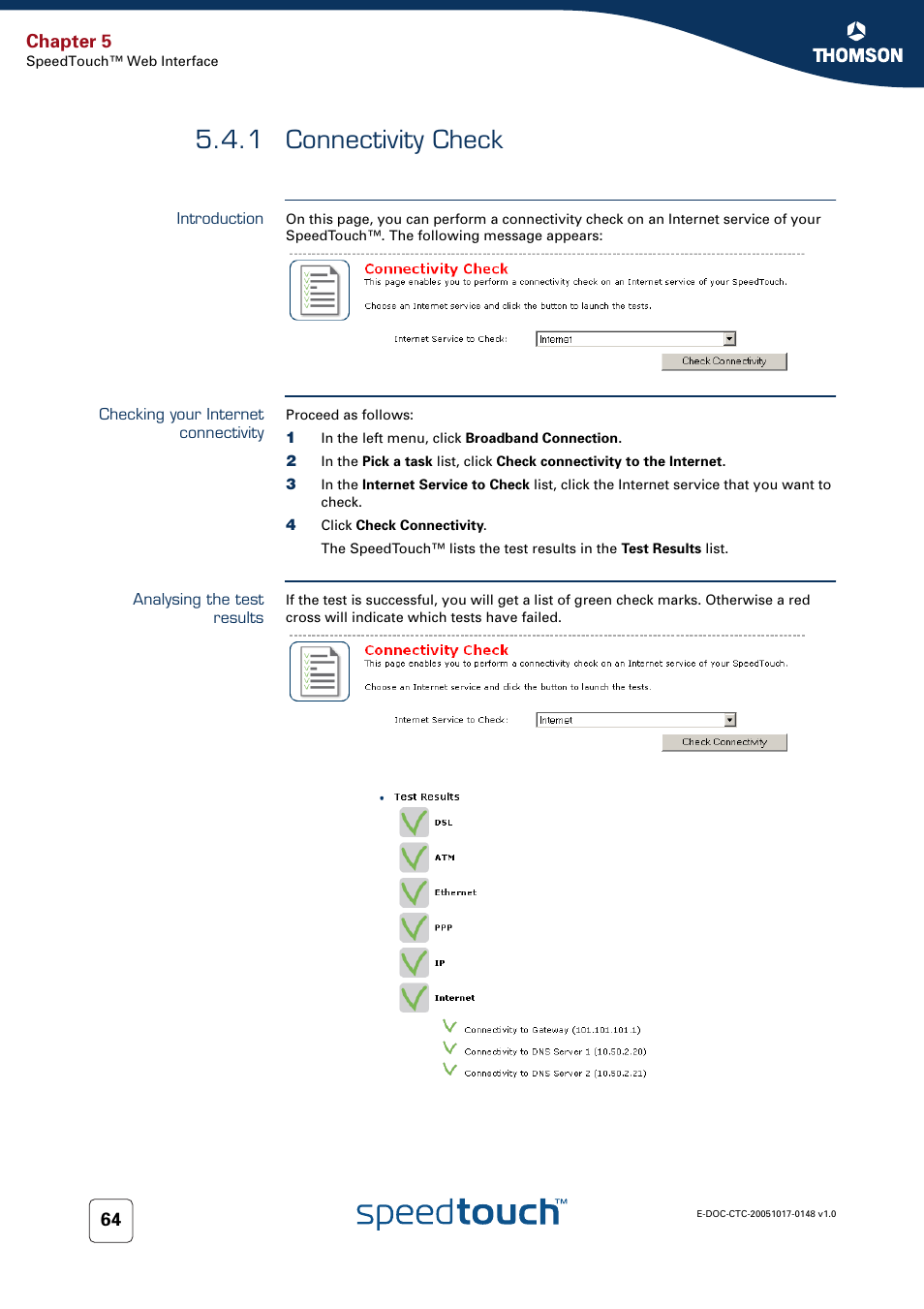 1 connectivity check, Introduction, Checking your internet connectivity | Analysing the test results, Connectivity check, 1 connectivity check” on, Chapter 5 | RCA SpeedTouchTM706 User Manual | Page 72 / 132