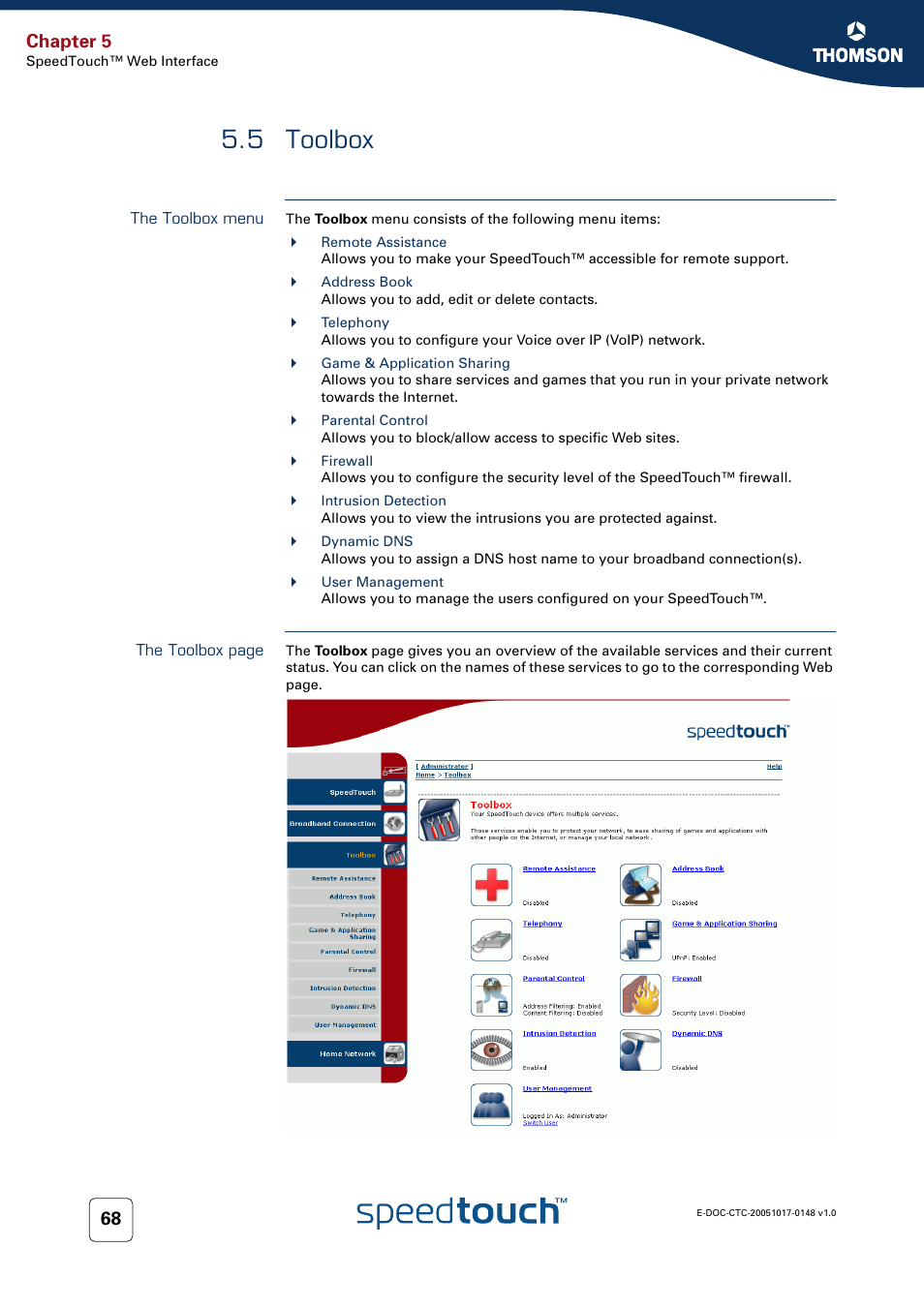 5 toolbox, The toolbox menu, Toolbox | Chapter 5 | RCA SpeedTouchTM706 User Manual | Page 76 / 132