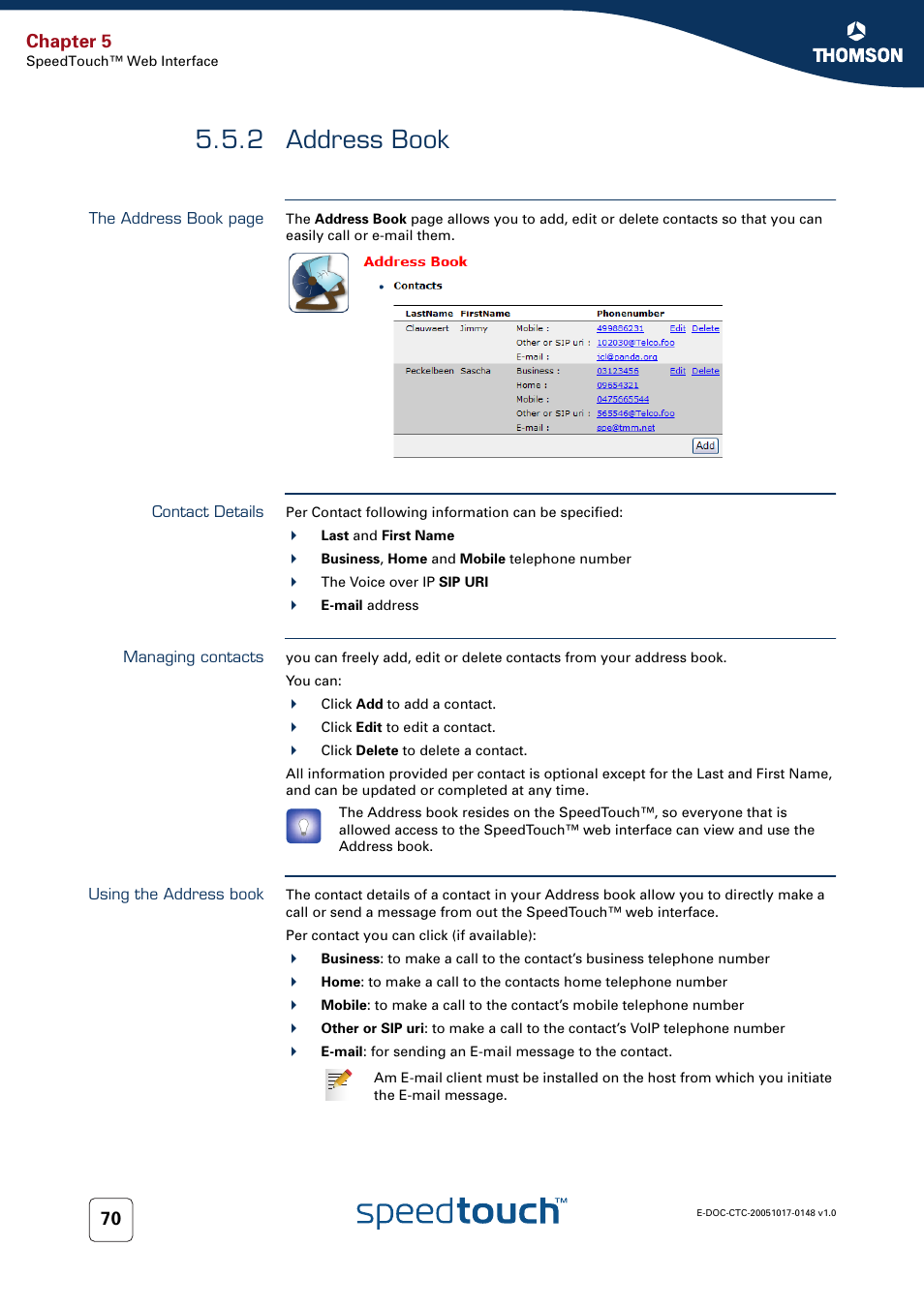 2 address book, Contact details, Managing contacts | Using the address book, Address book, Chapter 5 | RCA SpeedTouchTM706 User Manual | Page 78 / 132