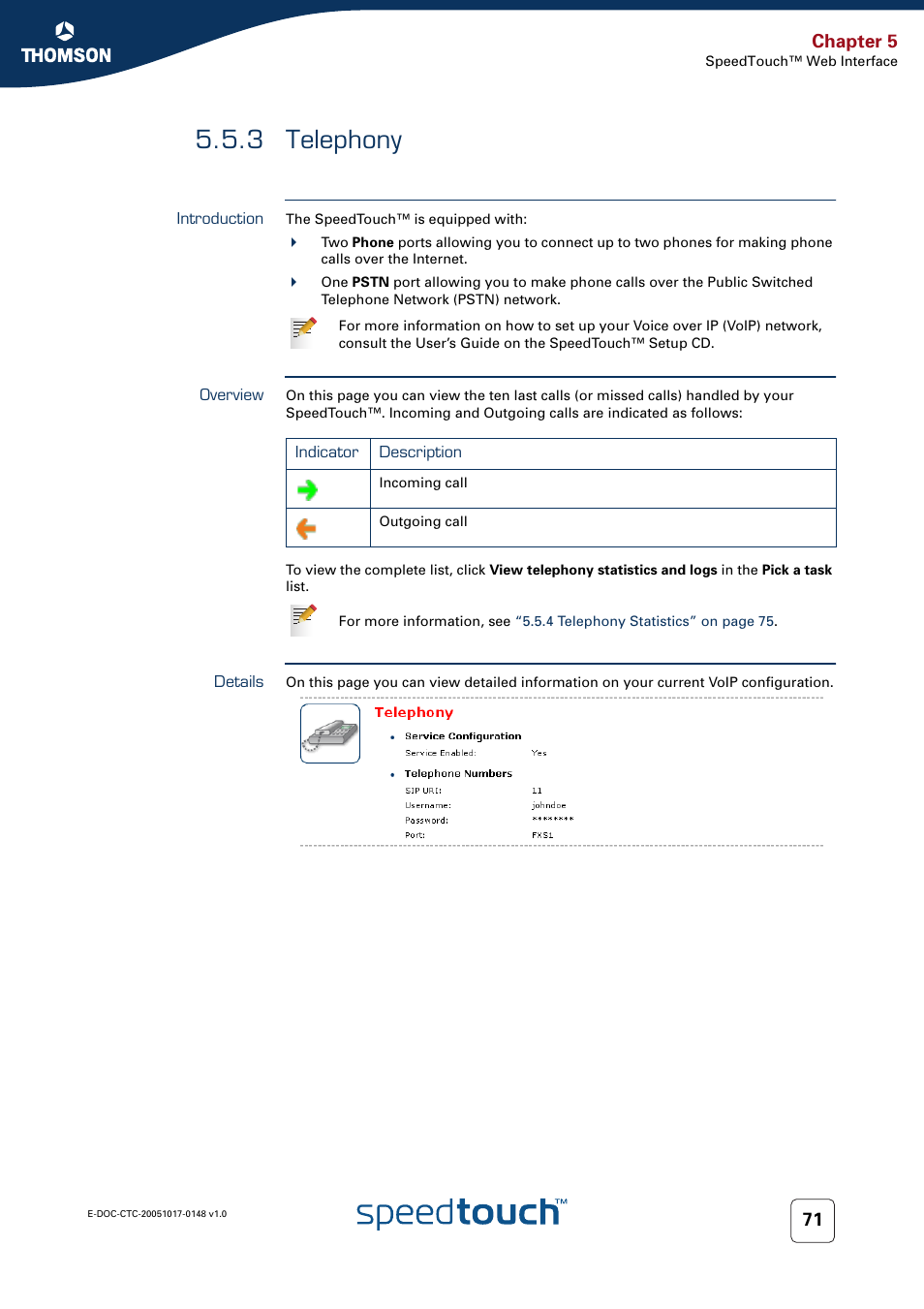 3 telephony, Introduction, Overview | Details, Telephony, Chapter 5 | RCA SpeedTouchTM706 User Manual | Page 79 / 132