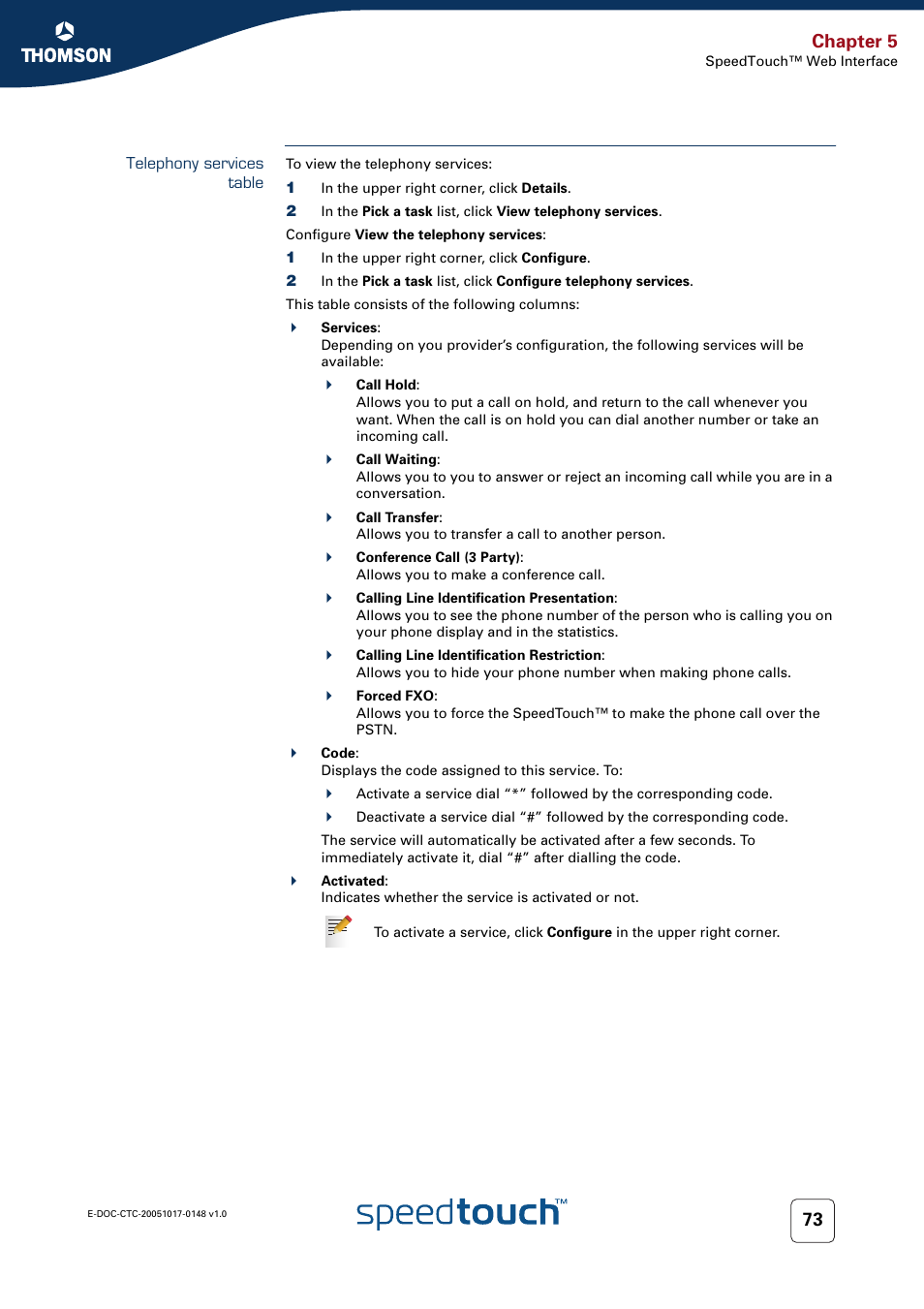Telephony services table, Chapter 5 | RCA SpeedTouchTM706 User Manual | Page 81 / 132