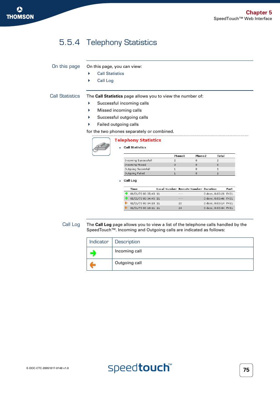 4 telephony statistics, Call statistics, Call log | Telephony statistics, Chapter 5 | RCA SpeedTouchTM706 User Manual | Page 83 / 132