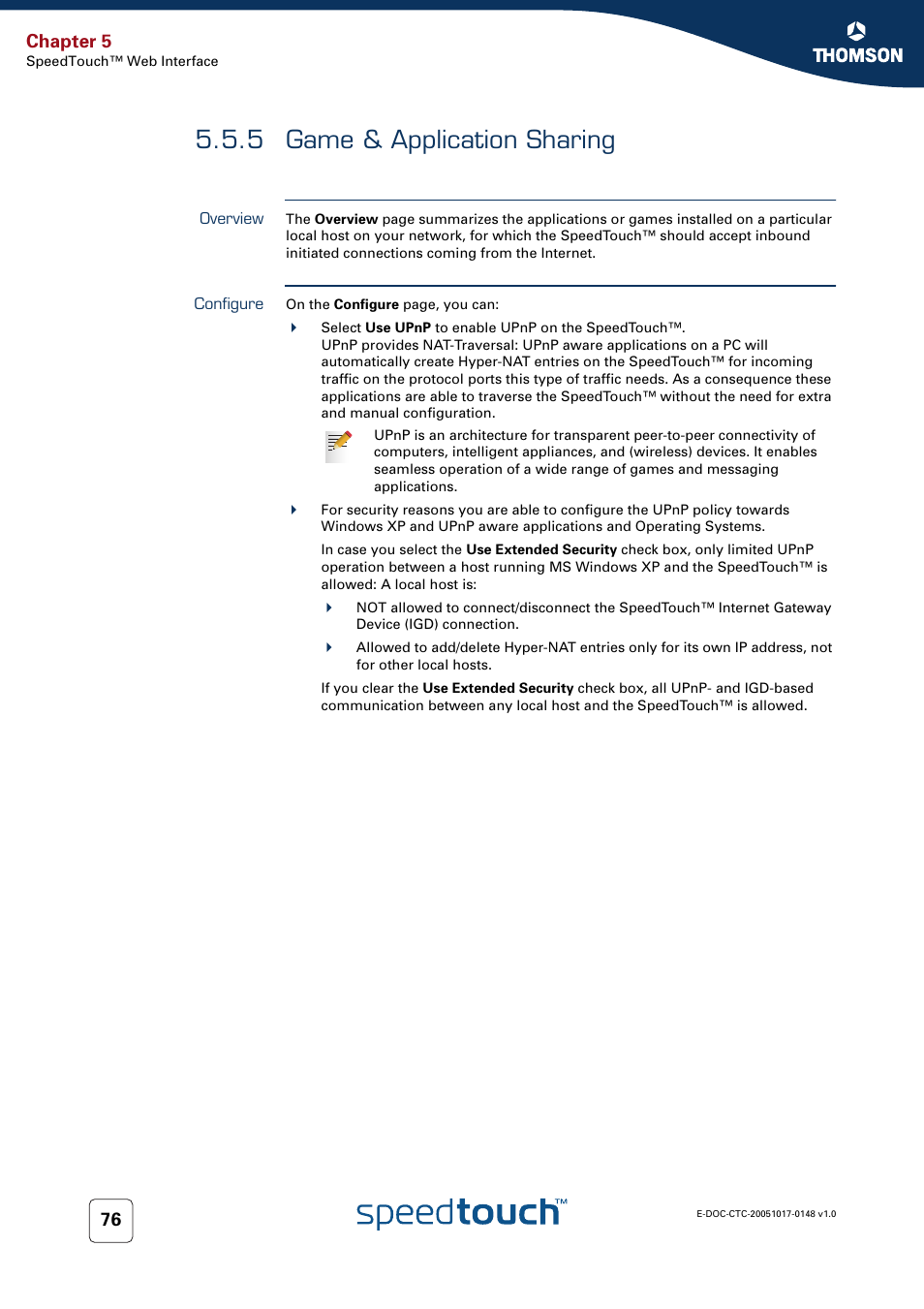 5 game & application sharing, Overview, Configure | Game & application sharing, 5 game, Chapter 5 | RCA SpeedTouchTM706 User Manual | Page 84 / 132