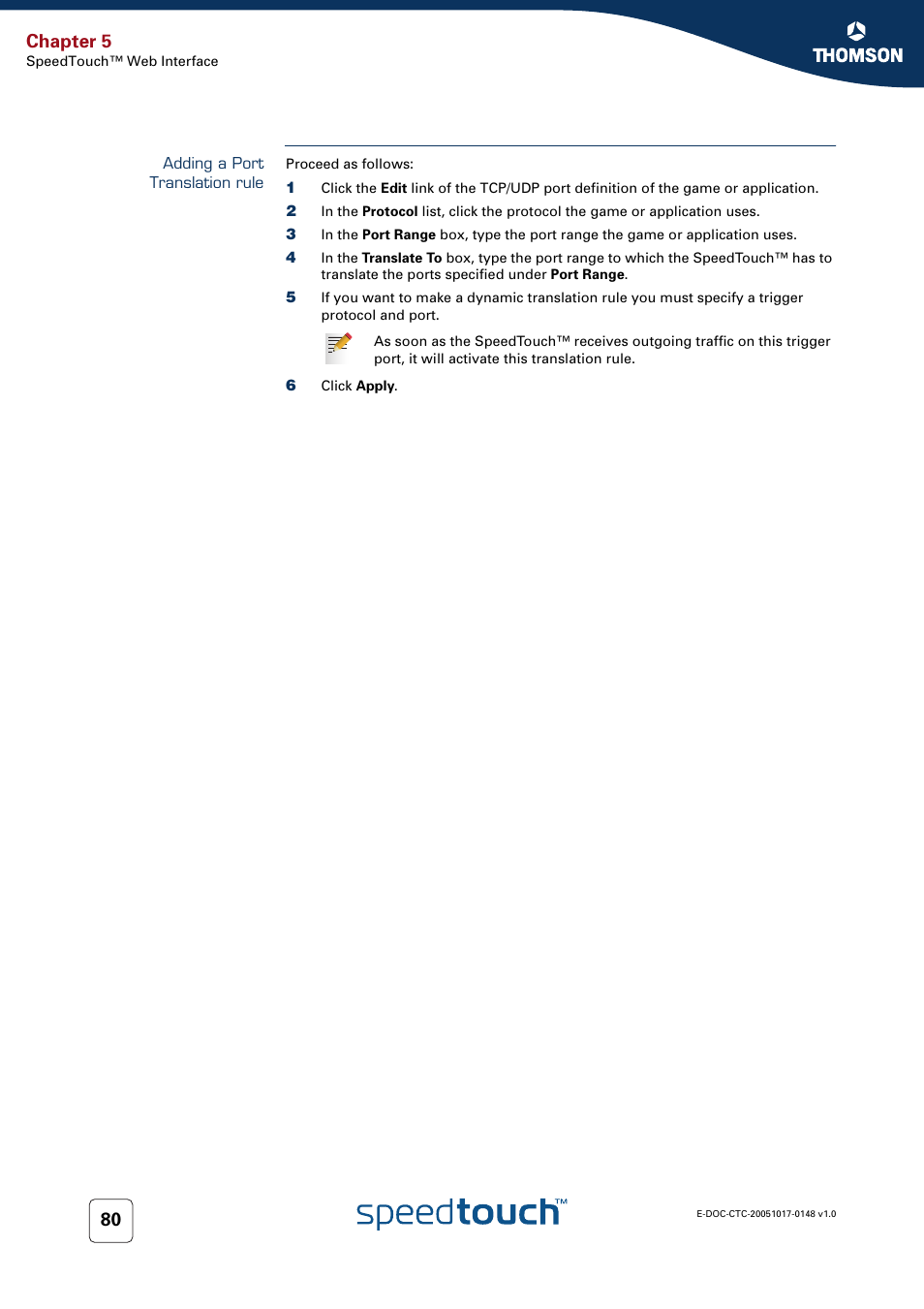 Adding a port translation rule, Chapter 5 | RCA SpeedTouchTM706 User Manual | Page 88 / 132