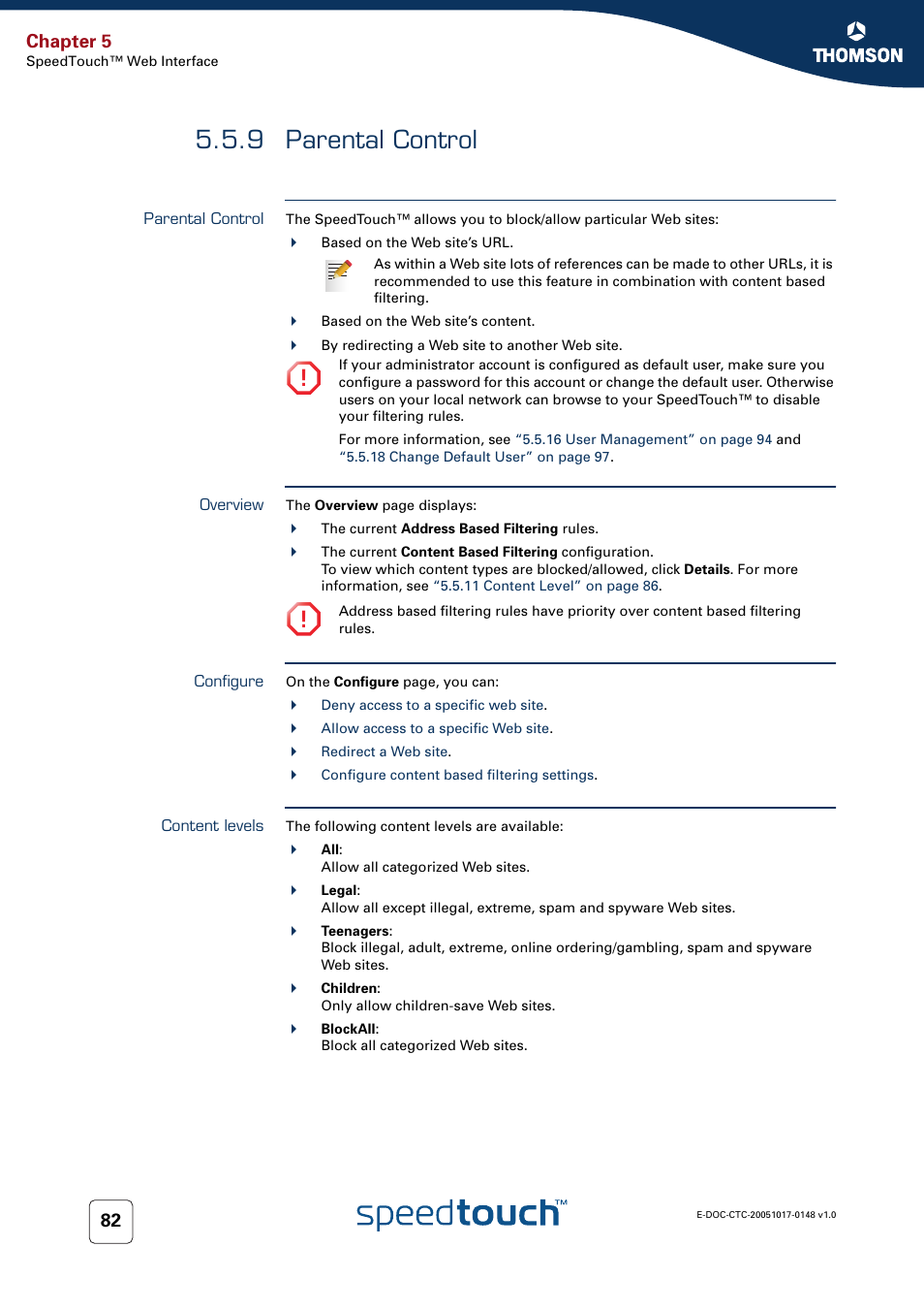 9 parental control, Parental control, Overview | Configure, Content levels, Chapter 5 | RCA SpeedTouchTM706 User Manual | Page 90 / 132
