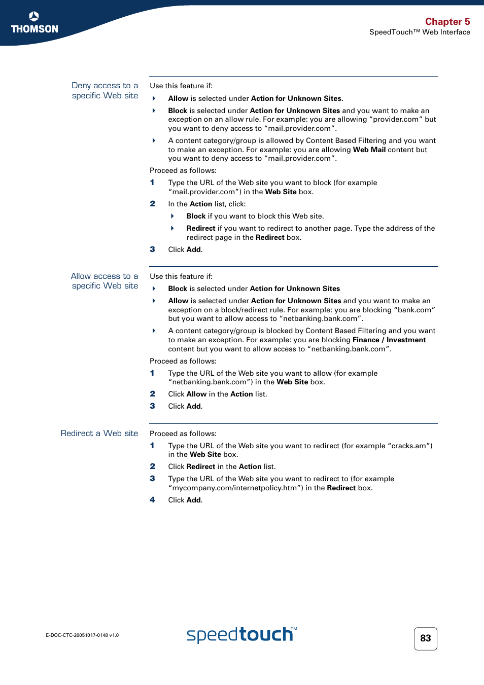 Deny access to a specific web site, Allow access to a specific web site, Redirect a web site | Chapter 5 | RCA SpeedTouchTM706 User Manual | Page 91 / 132