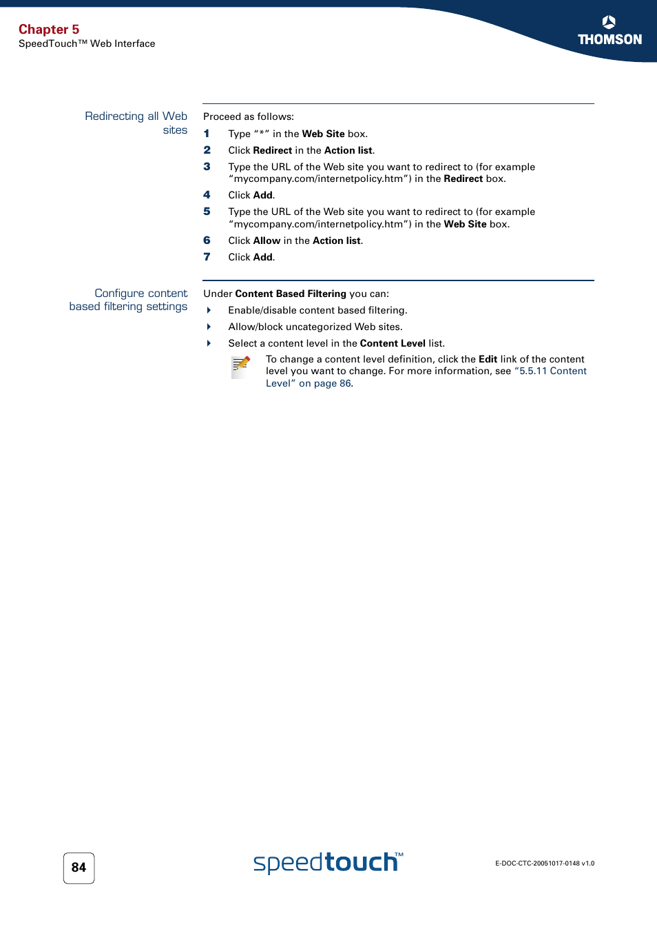 Redirecting all web sites, Configure content based filtering settings, Chapter 5 | RCA SpeedTouchTM706 User Manual | Page 92 / 132