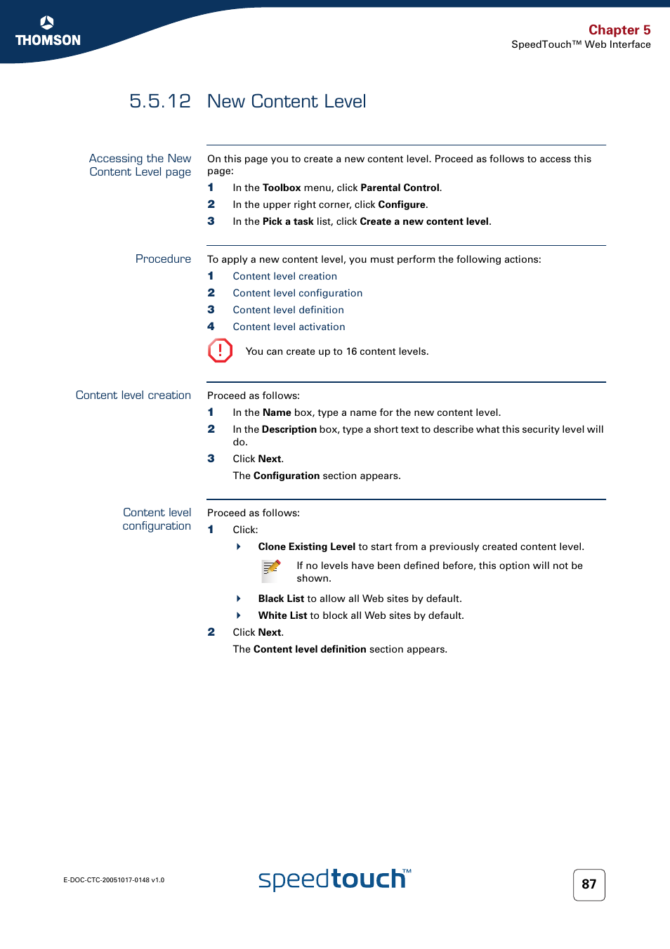 12 new content level, Procedure, Content level creation | Content level configuration, New content level, Chapter 5 | RCA SpeedTouchTM706 User Manual | Page 95 / 132