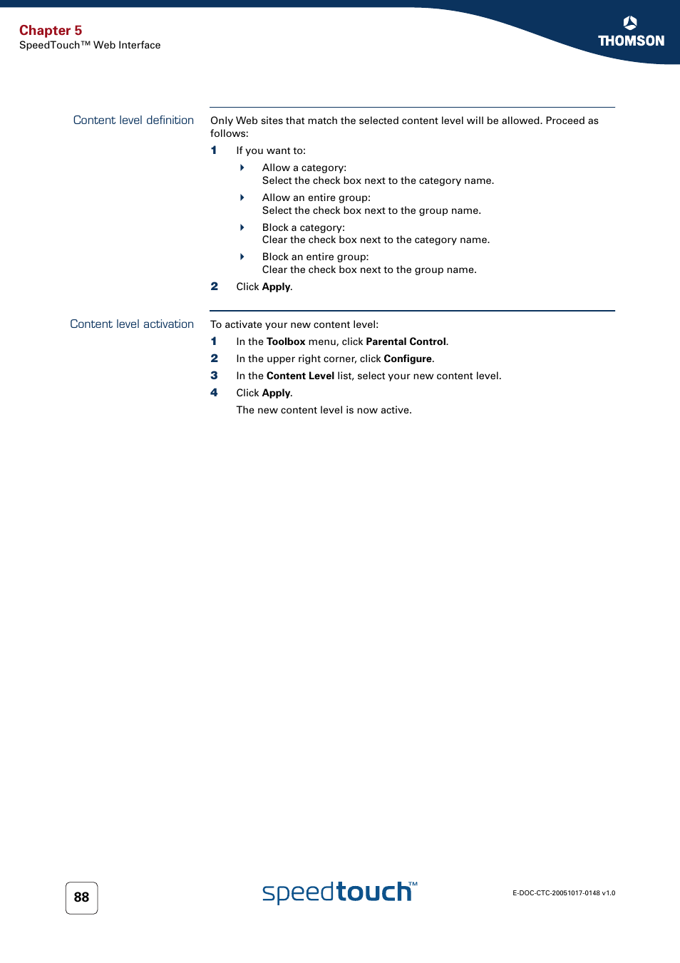 Content level definition, Content level activation, Chapter 5 | RCA SpeedTouchTM706 User Manual | Page 96 / 132