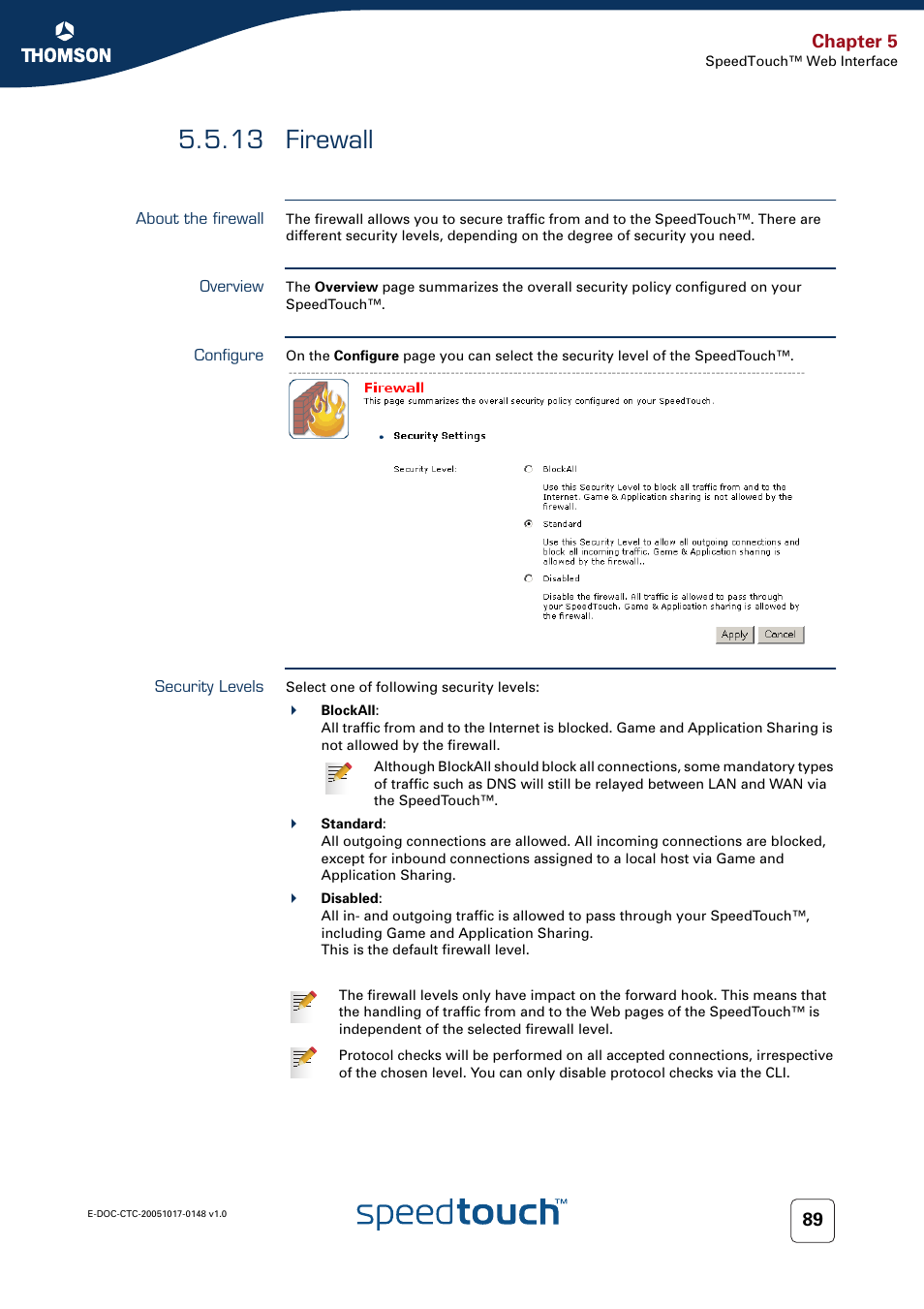 13 firewall, About the firewall, Overview | Configure, Security levels, Firewall, Chapter 5 | RCA SpeedTouchTM706 User Manual | Page 97 / 132
