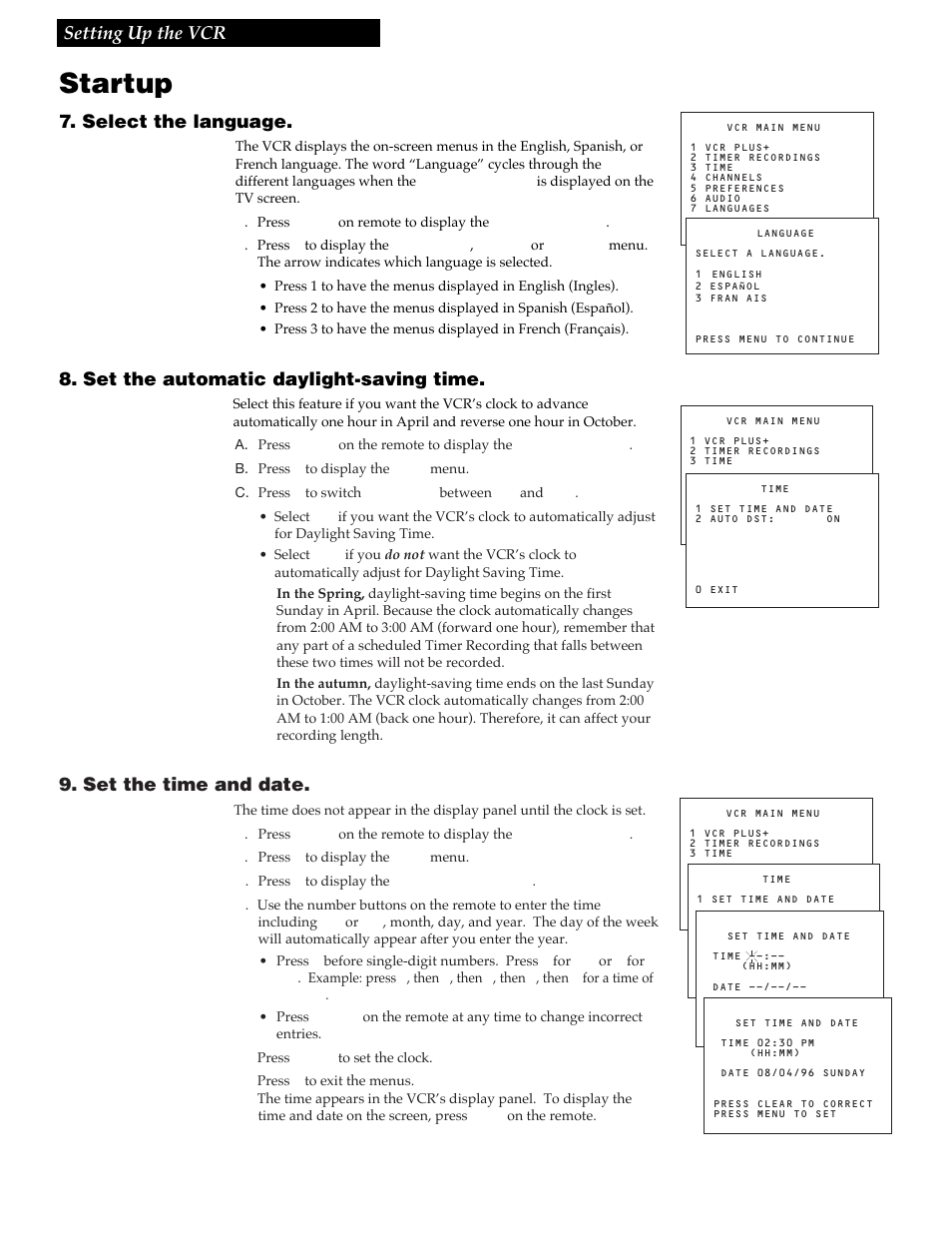 Startup, 9setting up the vcr, Select the language | Set the automatic daylight-saving time, Set the time and date | RCA VG4259 User Manual | Page 11 / 44