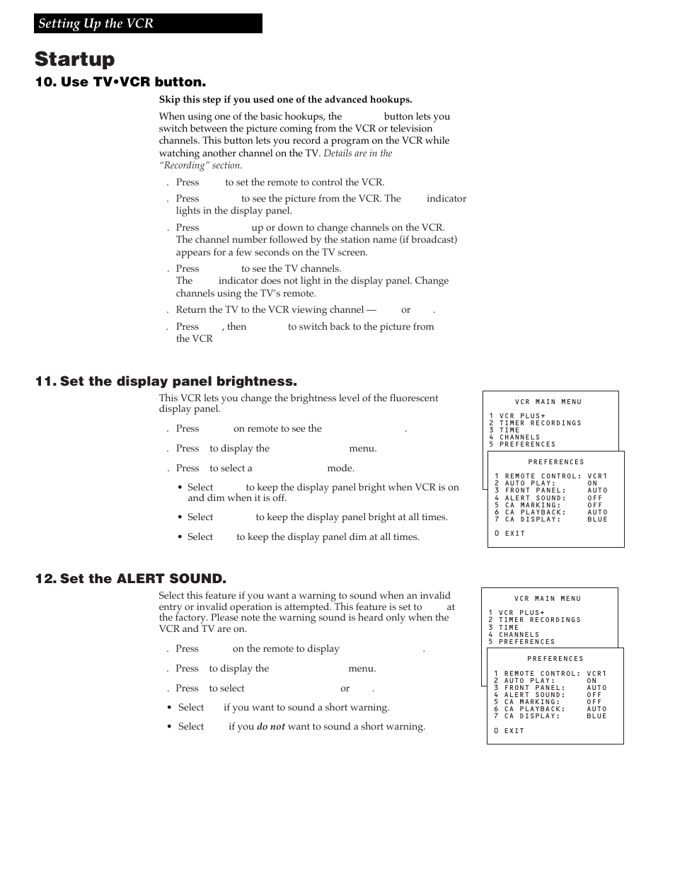 Startup, Setting up the vcr 10. use tv•vcr button, Set the display panel brightness | Set the alert sound | RCA VG4259 User Manual | Page 12 / 44