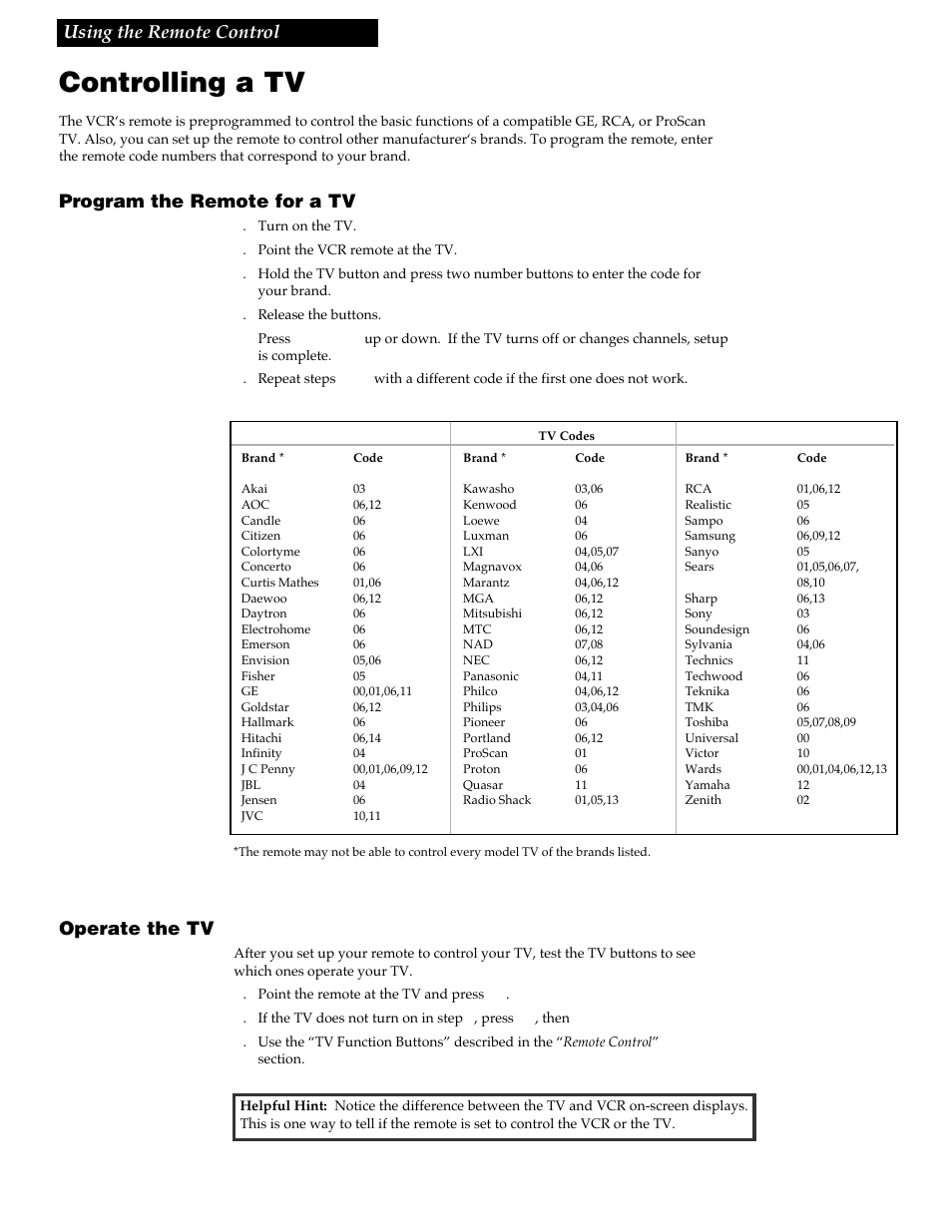 Using the remote control, Controlling a tv, 11 using the remote control | Program the remote for a tv, Operate the tv | RCA VG4259 User Manual | Page 13 / 44