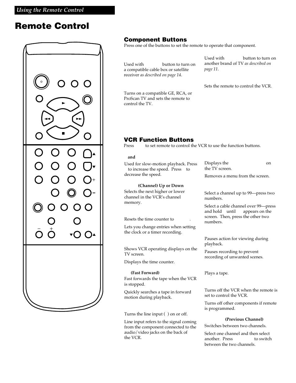 Remote control, 12 using the remote control, Component buttons | Vcr function buttons | RCA VG4259 User Manual | Page 14 / 44