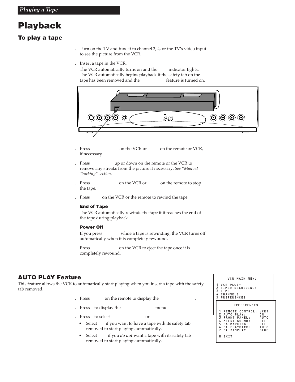 Playing a tape, Playback, Auto play feature | RCA VG4259 User Manual | Page 17 / 44