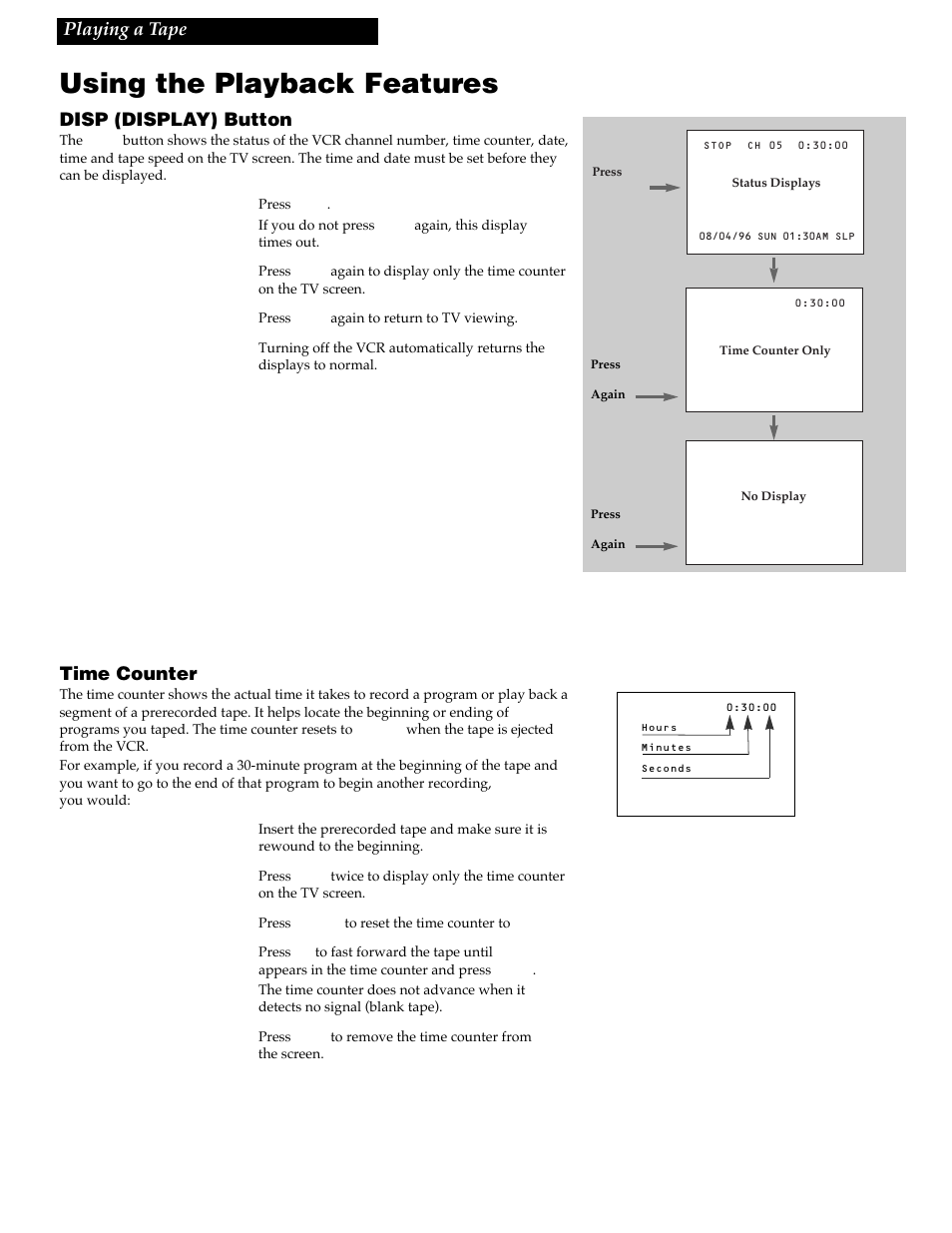 Using the playback features, Disp (display) button, Time counter | Playing a tape | RCA VG4259 User Manual | Page 19 / 44