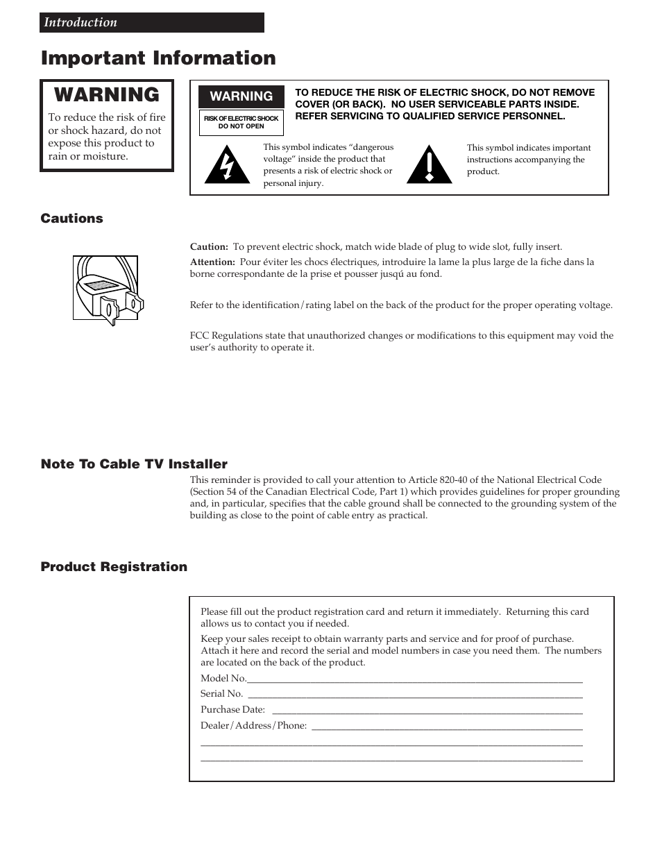 Important information, Warning, Cautions | Note to cable tv installer, Product registration | RCA VG4259 User Manual | Page 2 / 44