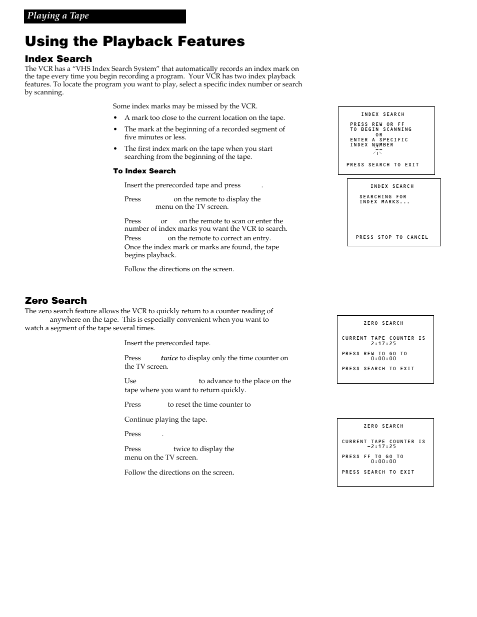 Using the playback features, Index search, Zero search | Playing a tape | RCA VG4259 User Manual | Page 20 / 44