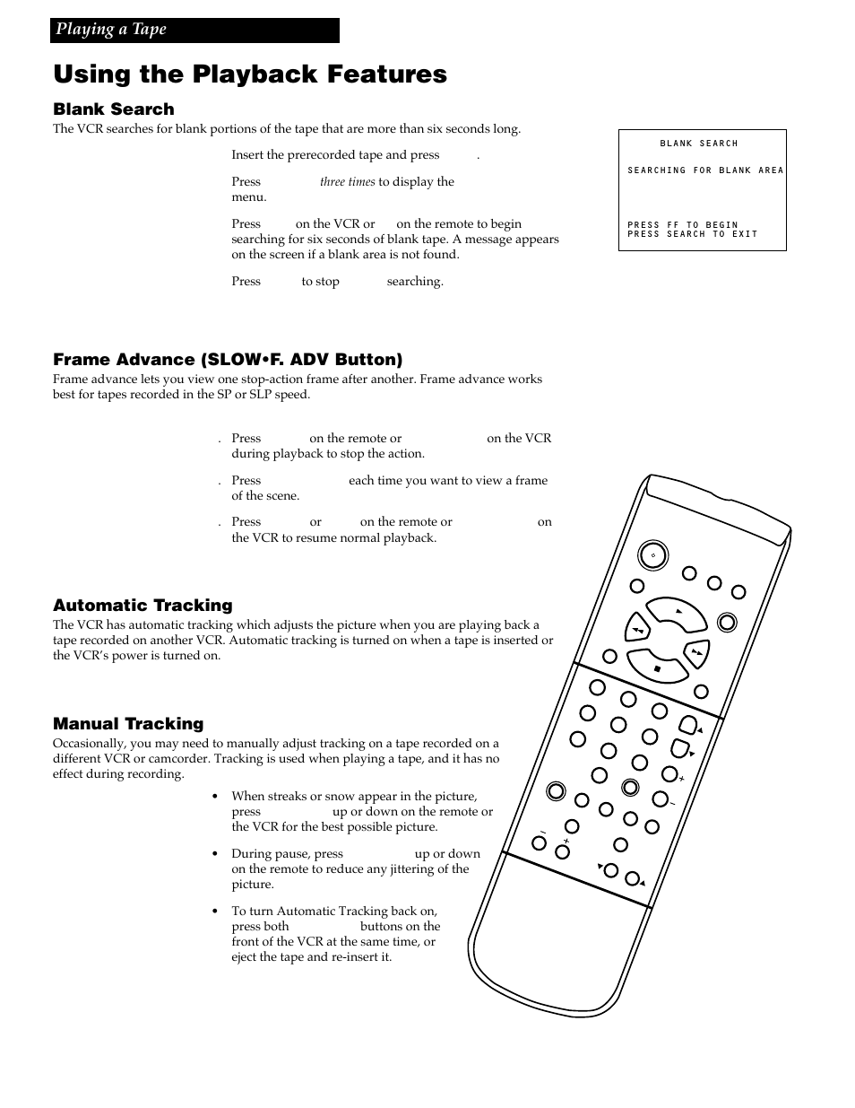 Using the playback features, 19 playing a tape, Blank search | Frame advance (slow•f. adv button), Automatic tracking, Manual tracking | RCA VG4259 User Manual | Page 21 / 44