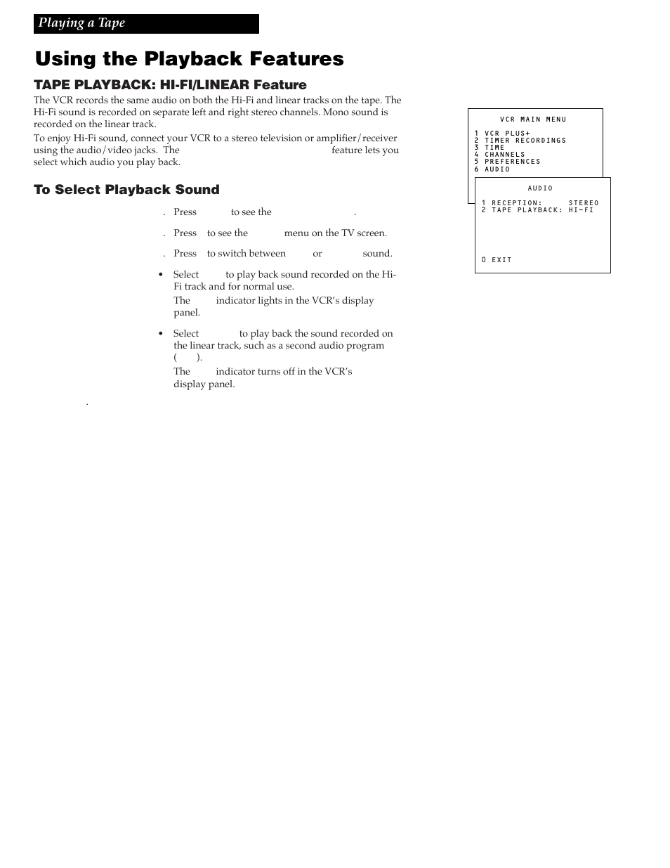 Using the playback features, Playing a tape, Tape playback: hi-fi/linear feature | RCA VG4259 User Manual | Page 22 / 44