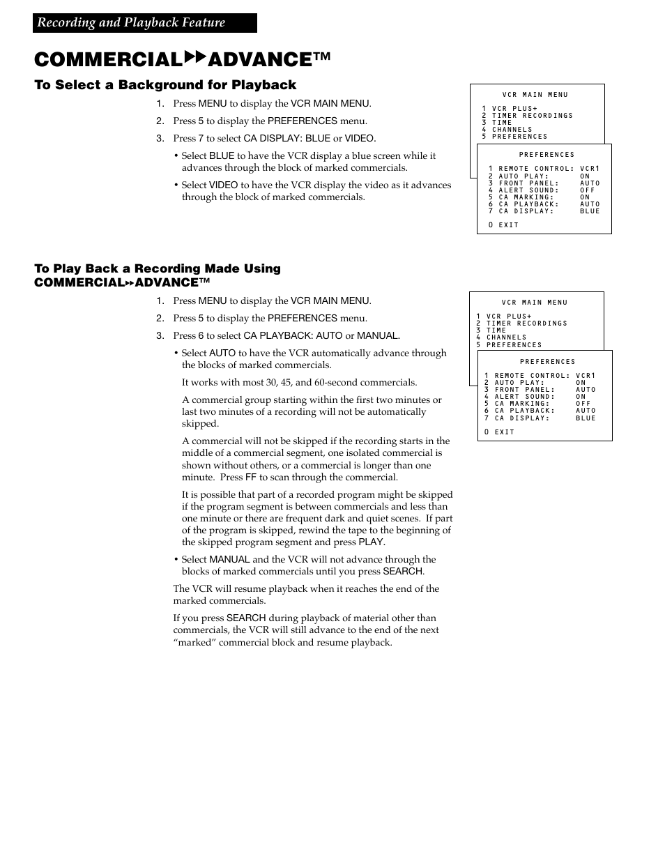 Commercial a advance, 22 to select a background for playback, Recording and playback feature | RCA VG4259 User Manual | Page 24 / 44