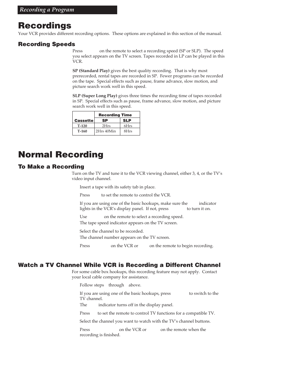 Recording a program, Recordings, Normal recording | 23 recording a program, Recording speeds | RCA VG4259 User Manual | Page 25 / 44