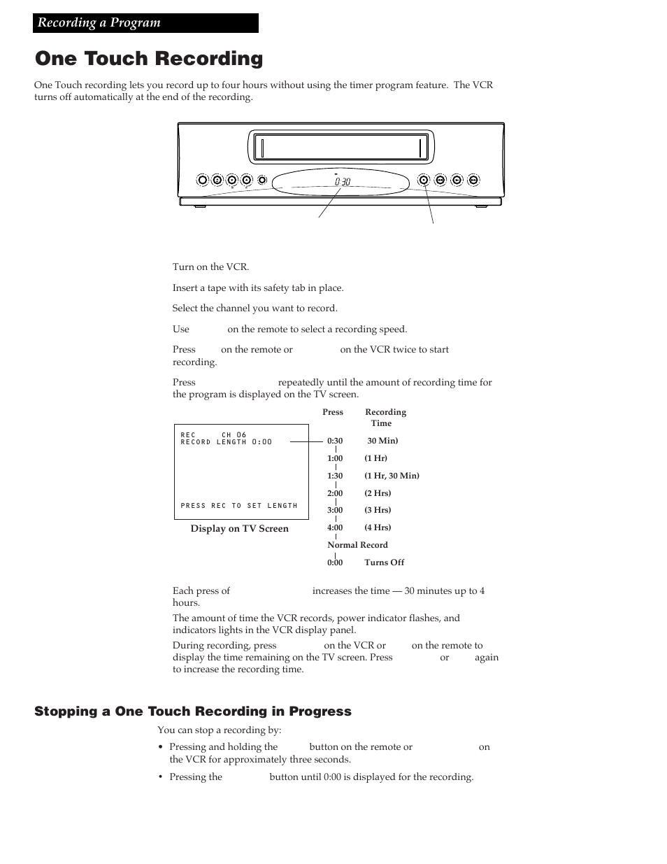 One touch recording, 24 recording a program, Stopping a one touch recording in progress | RCA VG4259 User Manual | Page 26 / 44