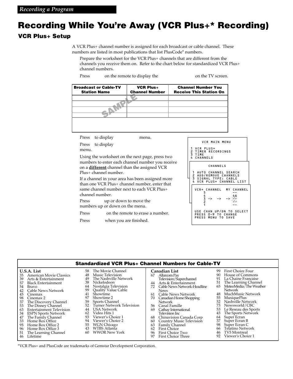 Recording while you’re away (vcr plus+* recording), Sample, Recording a program | Vcr plus+ setup | RCA VG4259 User Manual | Page 27 / 44