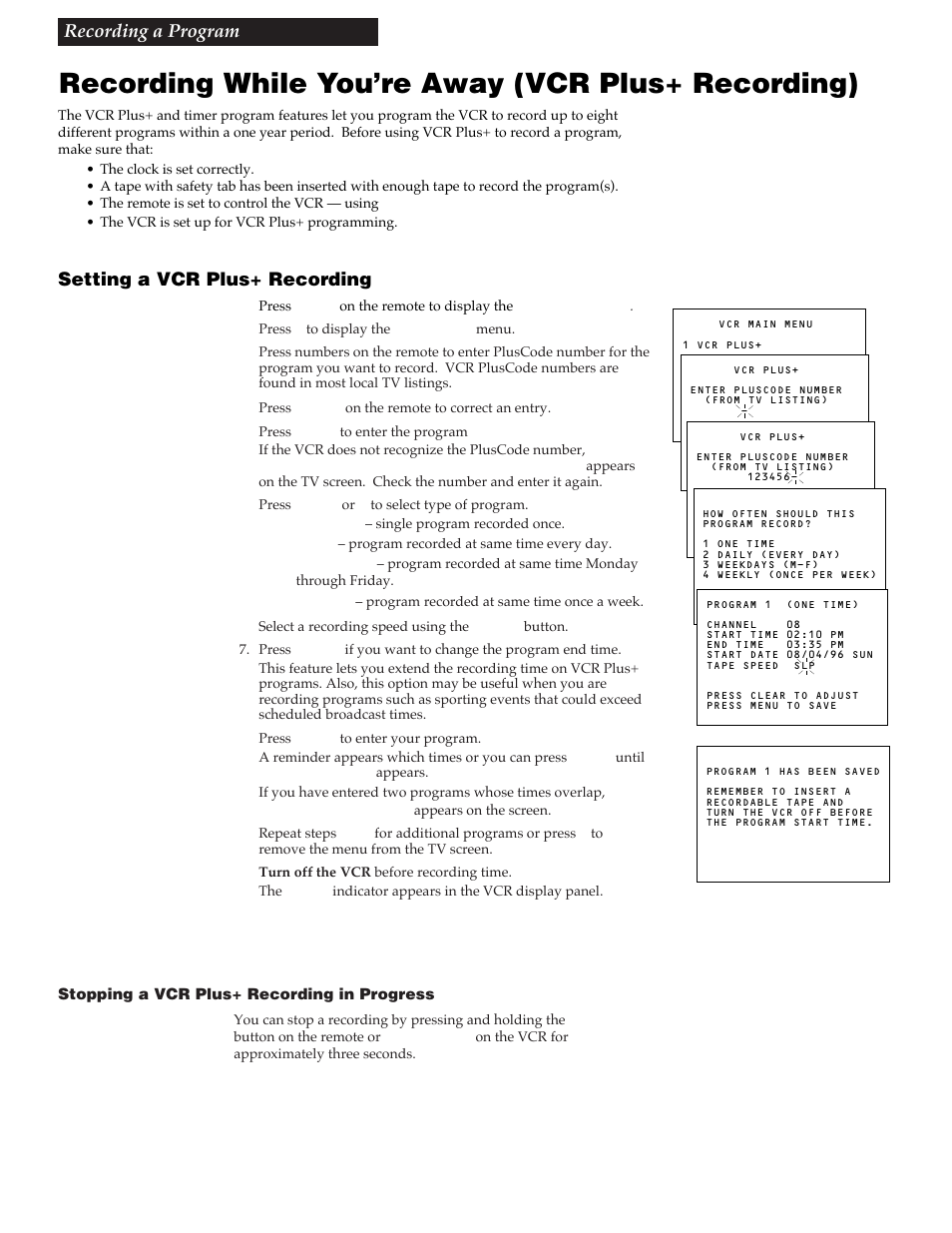 Recording while you’re away (vcr plus+ recording), Setting a vcr plus+ recording, Recording a program | RCA VG4259 User Manual | Page 29 / 44