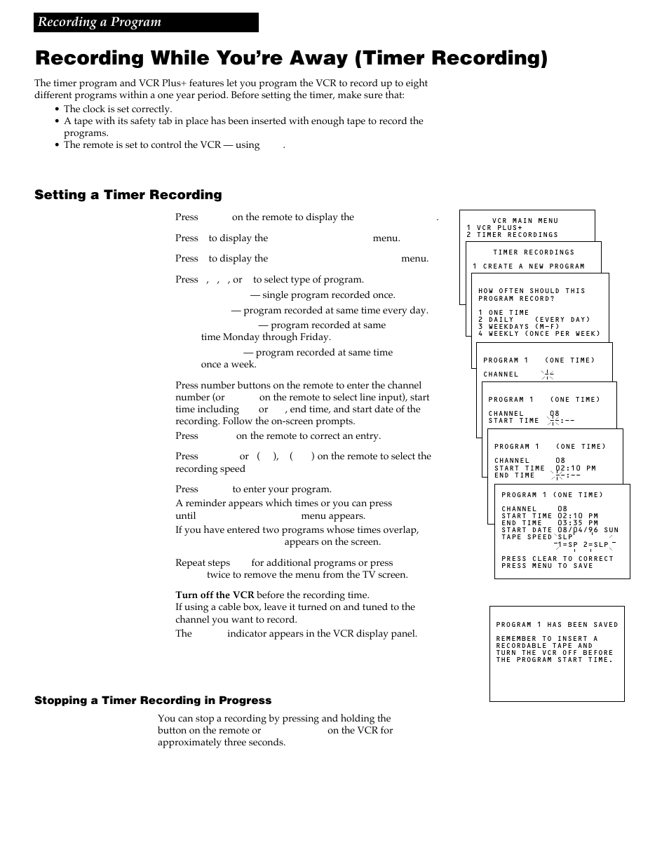 Recording while you’re away (timer recording), Recording a program, Setting a timer recording | RCA VG4259 User Manual | Page 30 / 44