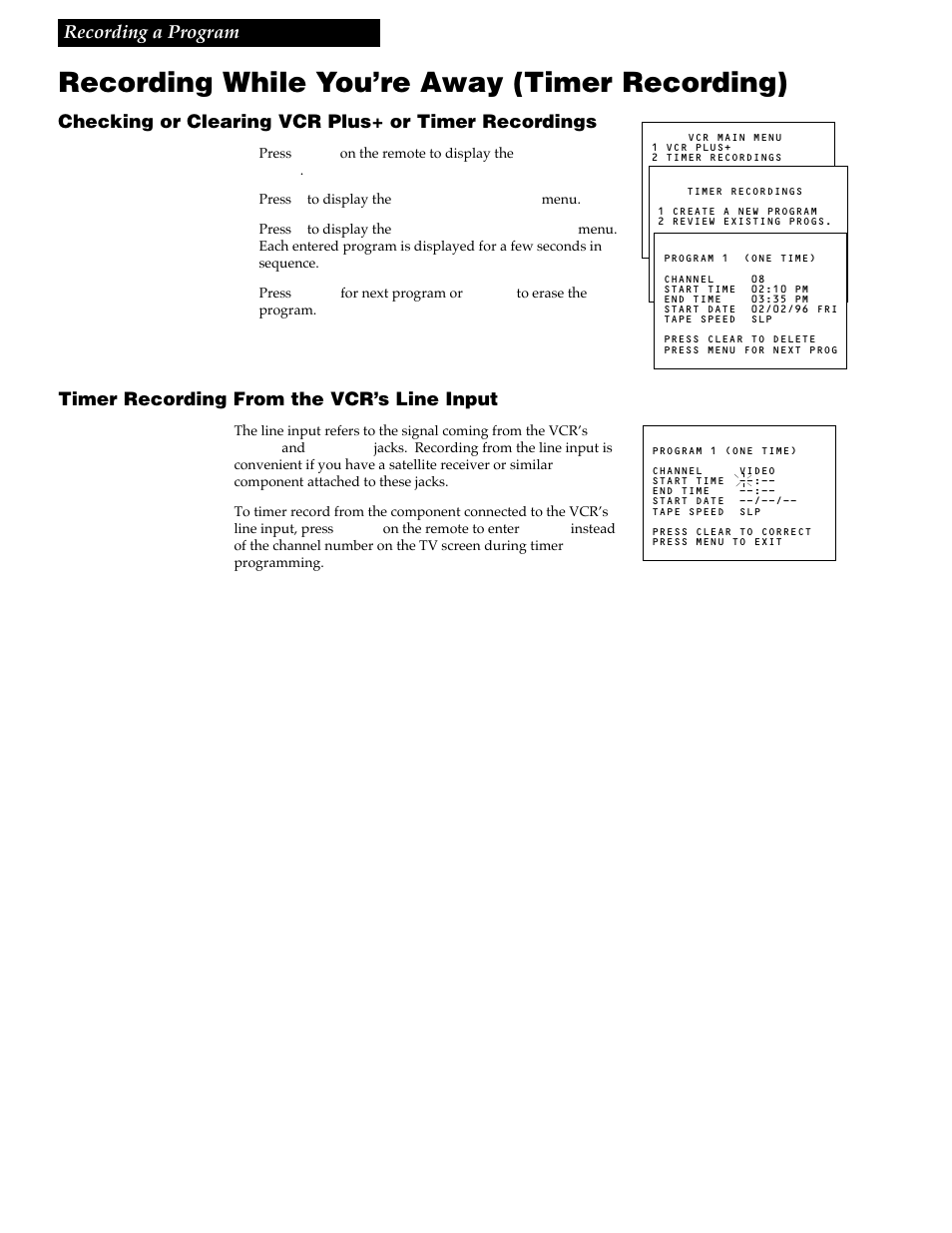 Recording while you’re away (timer recording), Timer recording from the vcr’s line input | RCA VG4259 User Manual | Page 31 / 44