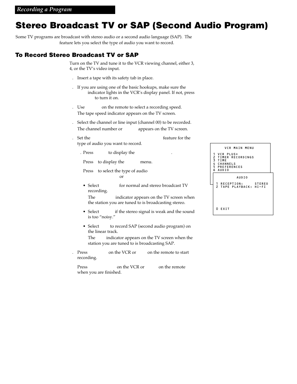 Stereo broadcast tv or sap (second audio program) | RCA VG4259 User Manual | Page 32 / 44