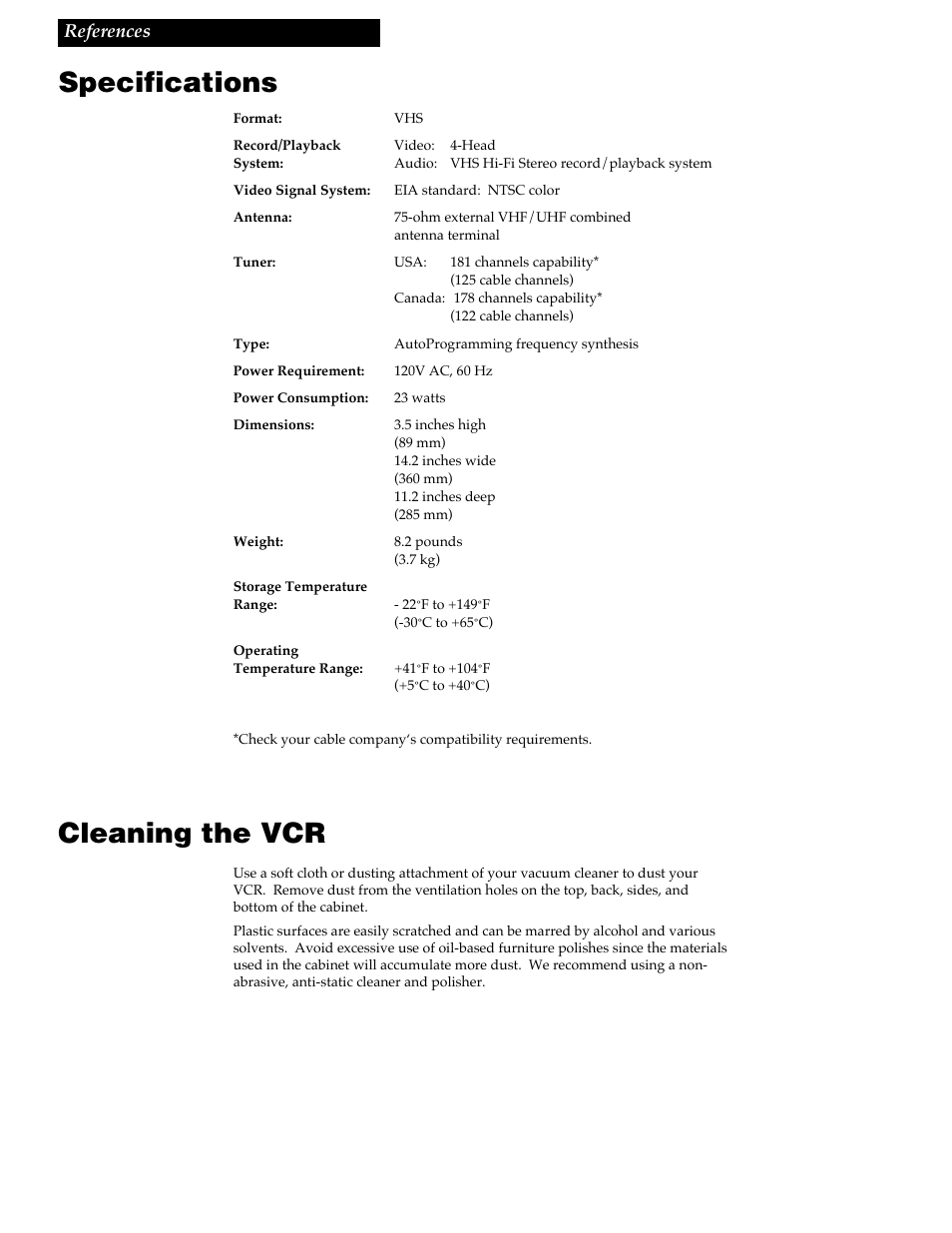 Specifications, Cleaning the vcr | RCA VG4259 User Manual | Page 37 / 44