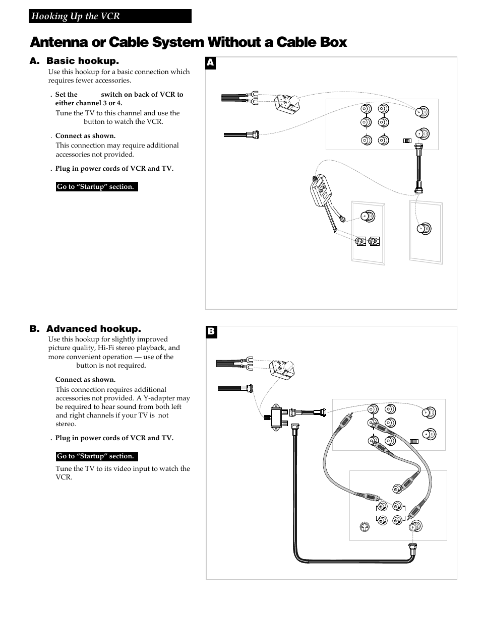 A. basic hookup, Antenna or cable system without a cable box, B. advanced hookup | 3hooking up the vcr | RCA VG4259 User Manual | Page 5 / 44