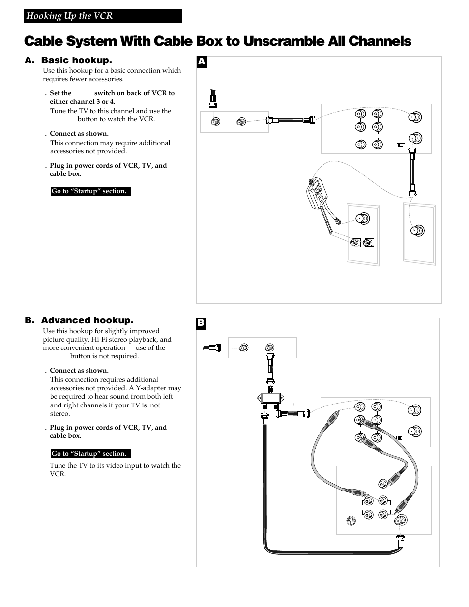 4hooking up the vcr, A. basic hookup, B. advanced hookup | RCA VG4259 User Manual | Page 6 / 44