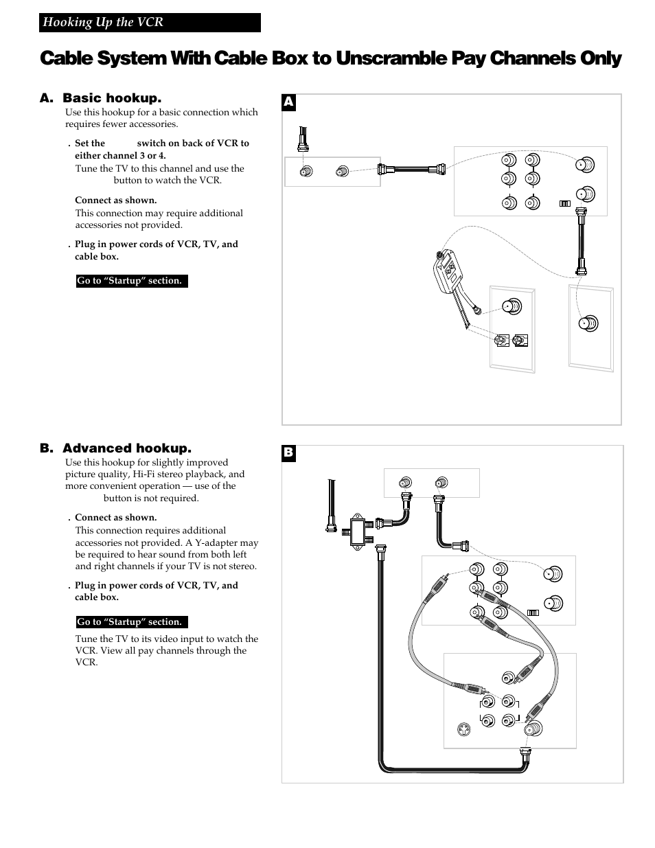 A. basic hookup, B. advanced hookup, Hooking up the vcr | Ab 5, Such as hbo, showtime, pay-per-view, etc.) | RCA VG4259 User Manual | Page 7 / 44