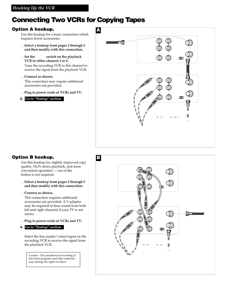 Connecting two vcrs for copying tapes, 6hooking up the vcr, Option a hookup | Option b hookup, Playback vcr, Recording vcr, Playback vcr (only) recording vcr | RCA VG4259 User Manual | Page 8 / 44