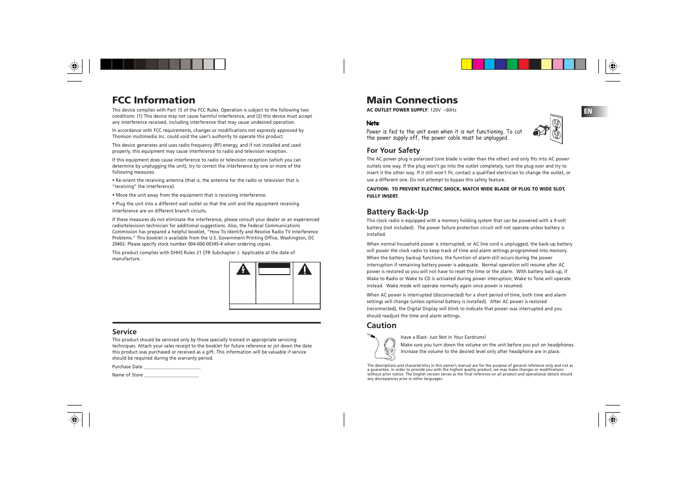 Main connections, Fcc information, Battery back-up | Caution | RCA RP 3757 User Manual | Page 2 / 9