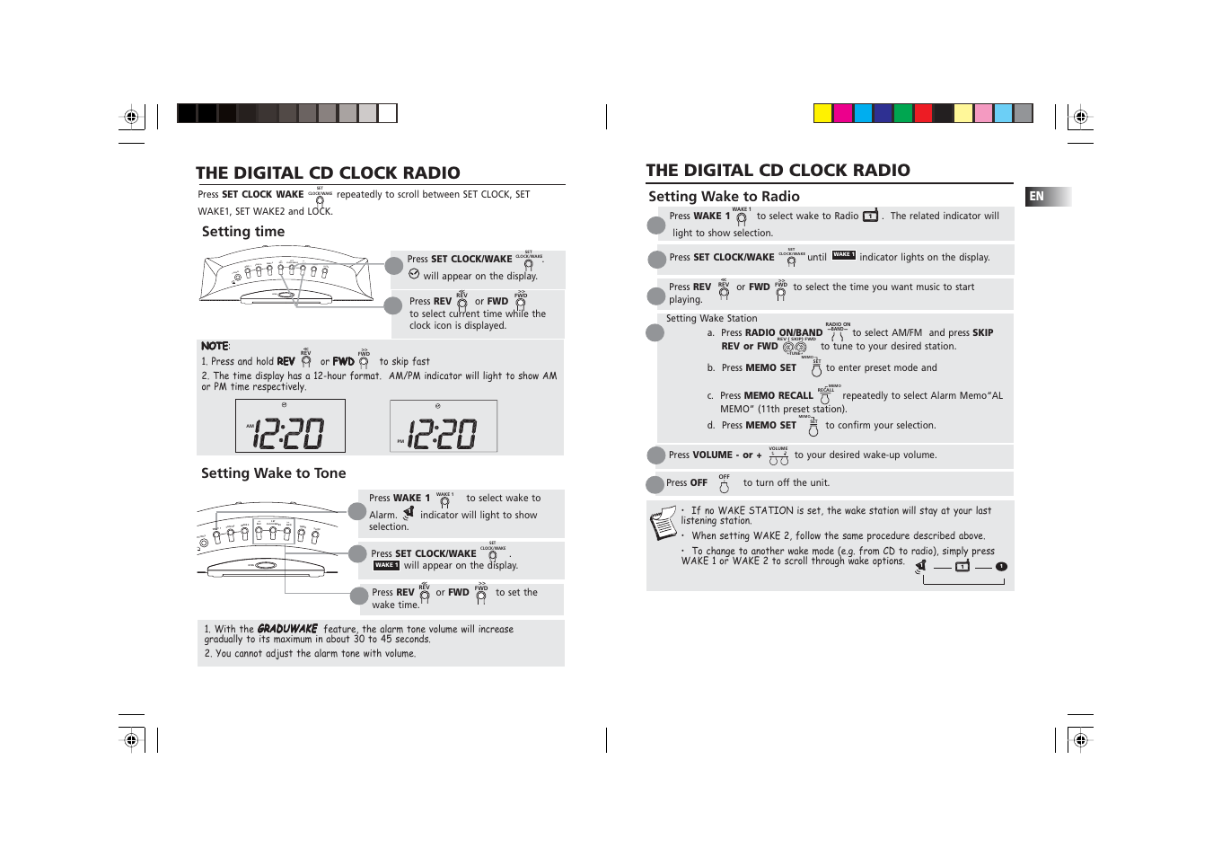 The digital cd clock radio, Setting wake to radio, Setting time | Setting wake to tone | RCA RP 3757 User Manual | Page 4 / 9