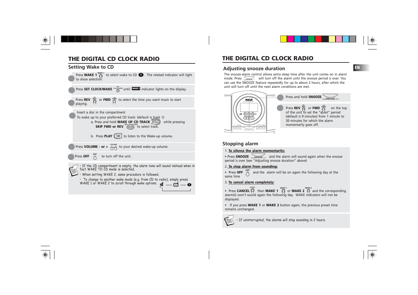 The digital cd clock radio, Stopping alarm adjusting snooze duration, Setting wake to cd | RCA RP 3757 User Manual | Page 5 / 9