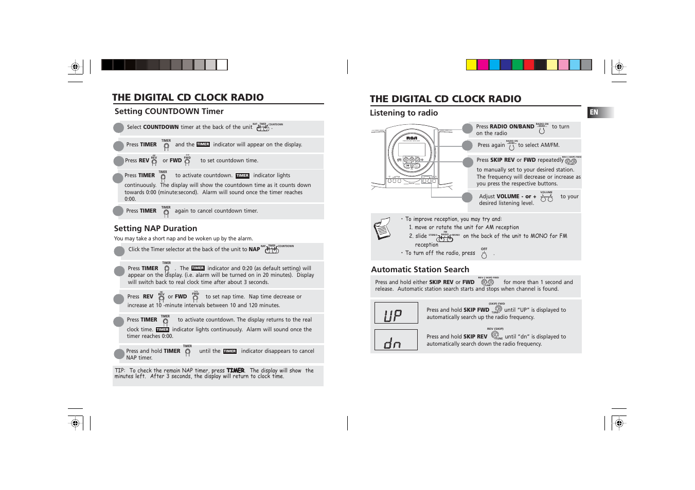 The digital cd clock radio, Listening to radio, Automatic station search | Setting nap duration, Setting countdown timer | RCA RP 3757 User Manual | Page 6 / 9