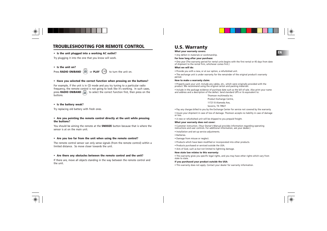 U.s. warranty, Troubleshooting for remote control, En 14 en | RCA RP 3757 User Manual | Page 9 / 9