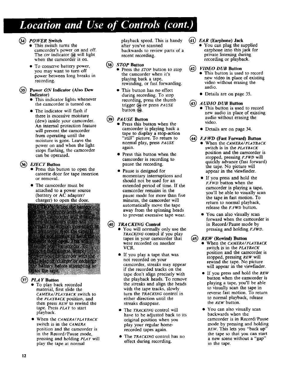 Ear (earphone) jack, F.fwd (fast forward) button, Rew (rewind) button | Location and use of controls (cont.) | RCA CC-285 User Manual | Page 14 / 50