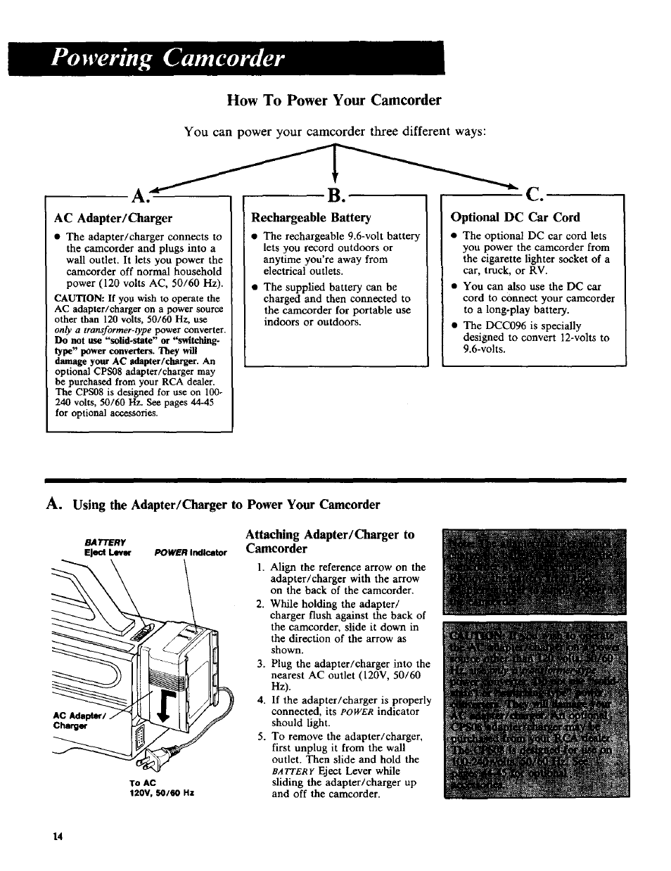Ac adapter/charger, Rechargeable battery, Attaching adapter/charger to camcorder | Powering camcorder, How to power your camcorder, Optional dc car cord, Using the adapter/charger to power your camcorder | RCA CC-285 User Manual | Page 16 / 50