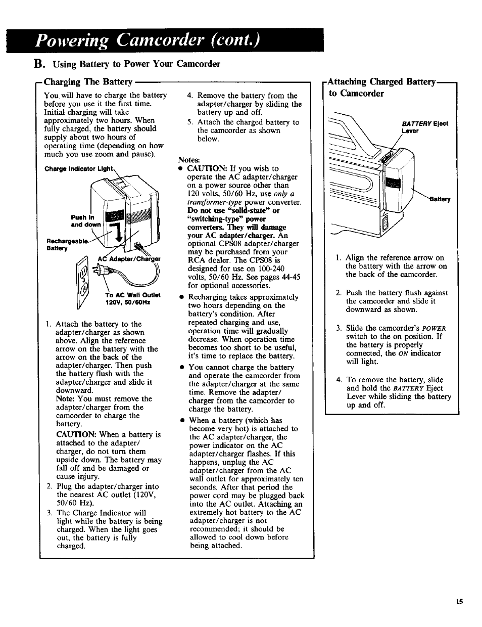 Powering camcorder (cont.), Attaching charged battery- to camcorder | RCA CC-285 User Manual | Page 17 / 50