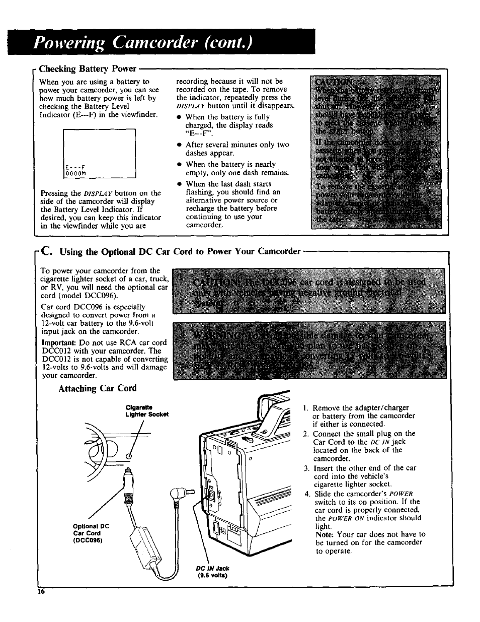 Checking battery power, Attaching car cord, Powering camcorder (coni,) | Only iiith véhió^i^vidg negative ground ^ectijeal | RCA CC-285 User Manual | Page 18 / 50