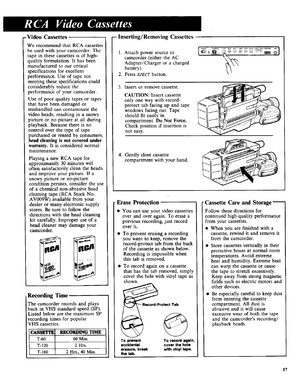 Rca video cassettes, I-video cassettes, Recording time | Г- inserting/removing cassettes, Erase protection, Cassette care and storage, Recording times | RCA CC-285 User Manual | Page 19 / 50