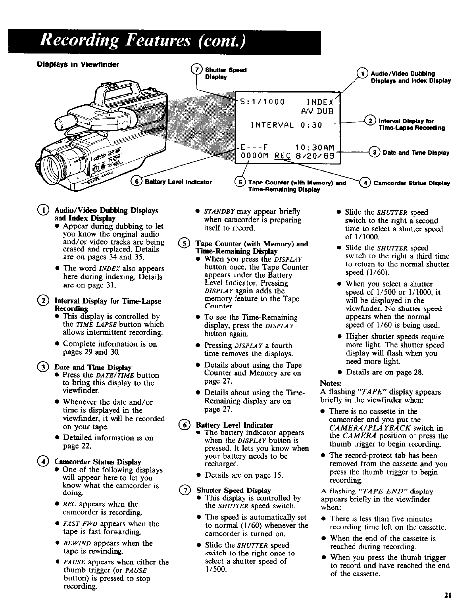 Audio/video dubbing displays, Date and time display, Tape counter (with memory) and | Batteiy level indicator, Shutter speed display, Date/time display, Recording features (coni.) | RCA CC-285 User Manual | Page 23 / 50